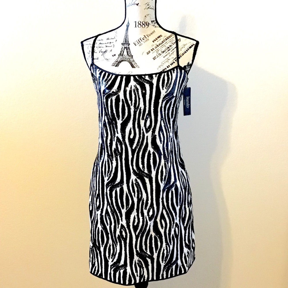 Laundry by Shelli Segal Sequin Black & White Animal Print Mini Dress